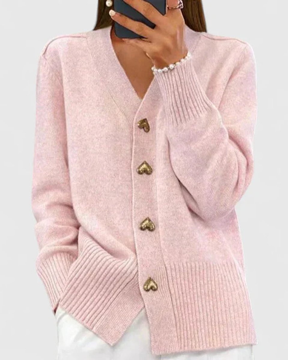 Women's V-Neck Gold Heart-Button Knit Cardigan Sweater - Pink