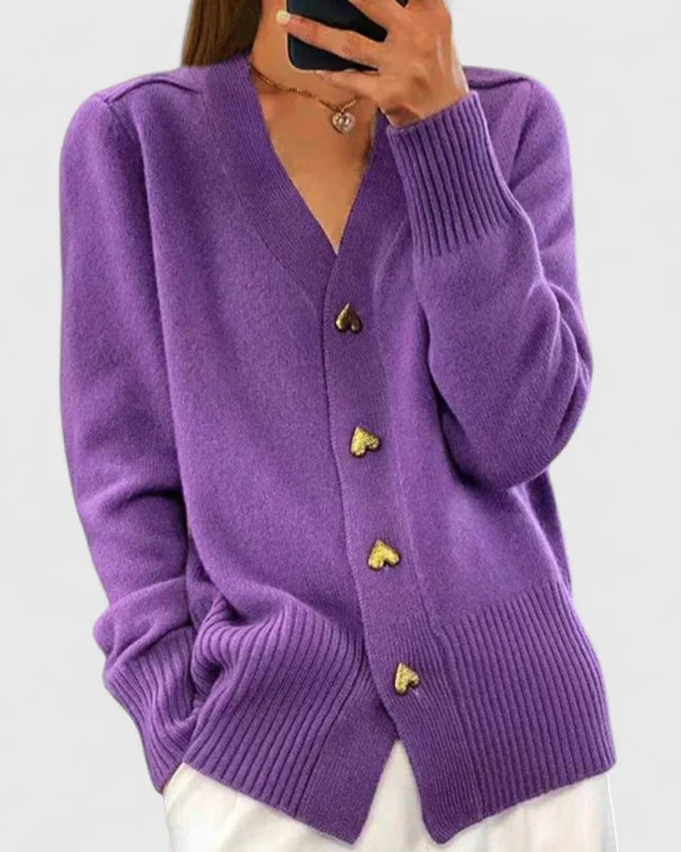 Women's V-Neck Gold Heart-Button Knit Cardigan Sweater - Violet