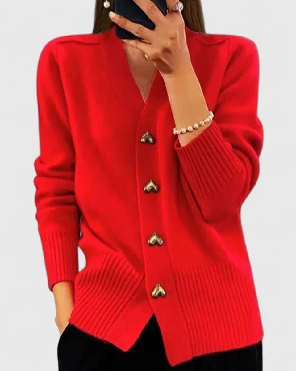 Women's V-Neck Gold Heart-Button Knit Cardigan Sweater - Red