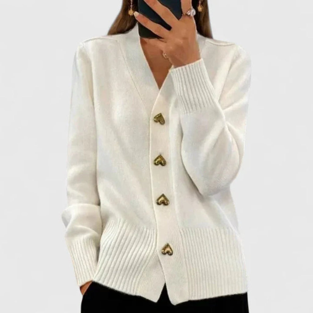 Women's V-Neck Gold Heart-Button Knit Cardigan Sweater - White