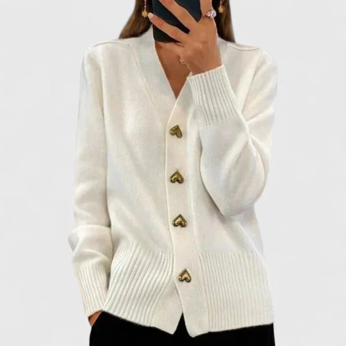 Women's V-Neck Gold Heart-Button Knit Cardigan Sweater - White