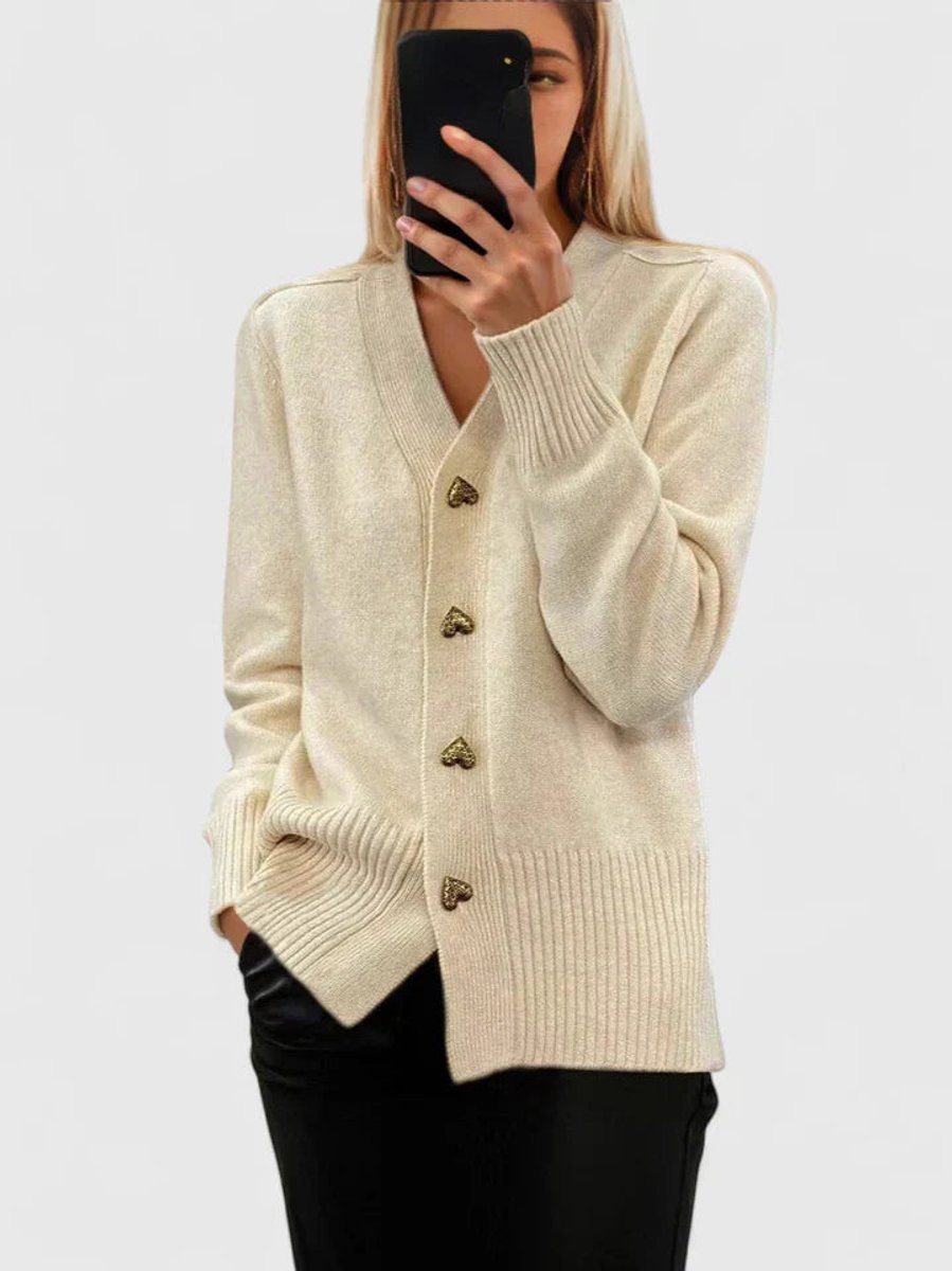 Women's V-Neck Gold Heart-Button Knit Cardigan Sweater - Cream