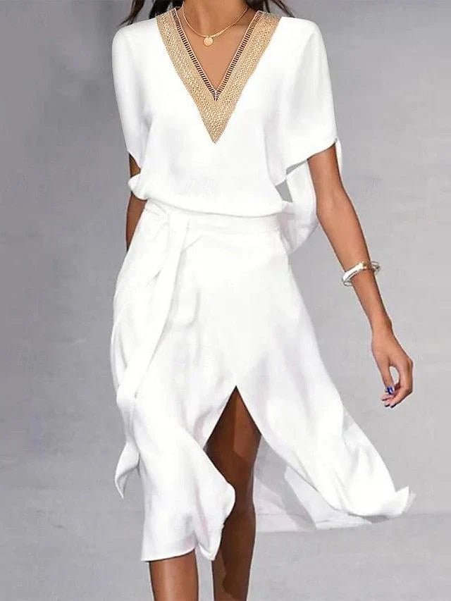 Women's V-Neck Gold Trim Wrap Midi Dress Short Sleeve