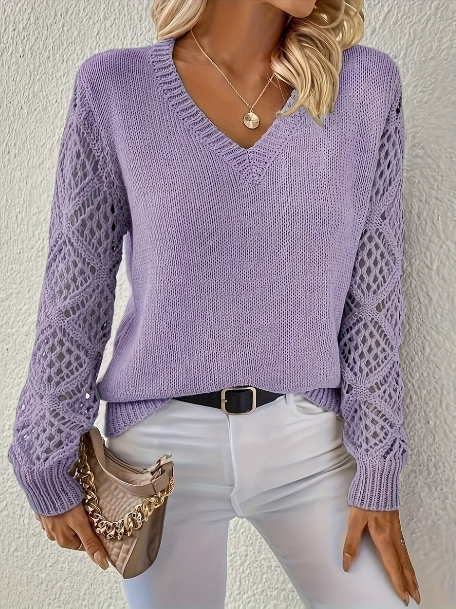 Women's V-Neck Hollow-Sleeve Knit Sweater Long Sleeve Pullover - Purple