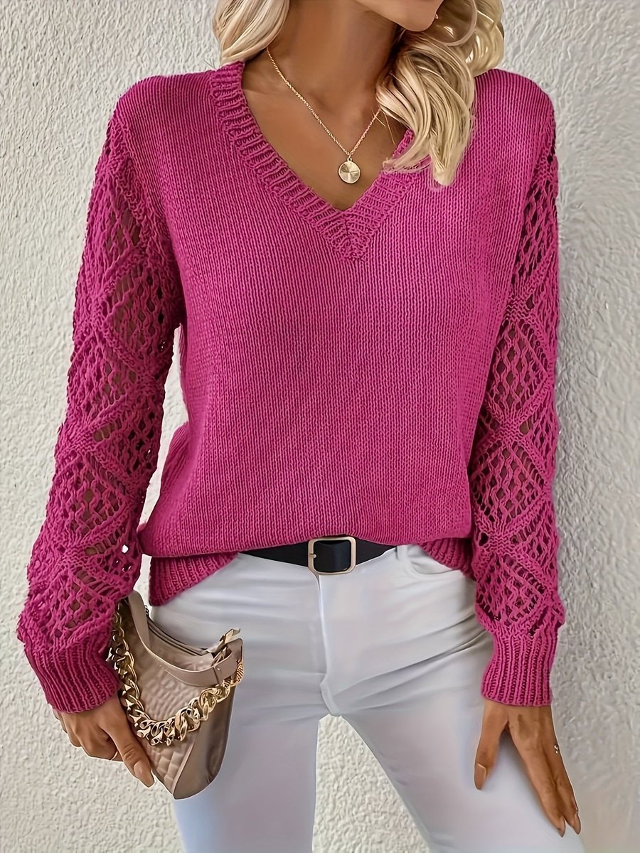 Women's V-Neck Hollow-Sleeve Knit Sweater Long Sleeve Pullover