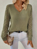 Women's V-Neck Hollow-Sleeve Knit Sweater Long Sleeve Pullover - Olive Green