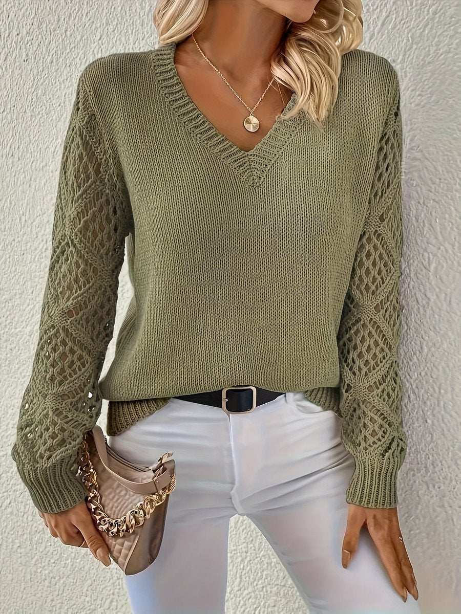 Women's V-Neck Hollow-Sleeve Knit Sweater Long Sleeve Pullover - Olive Green