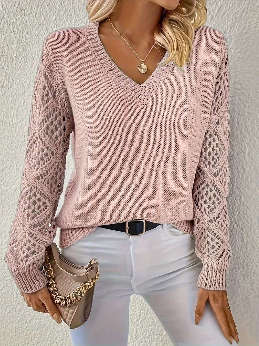 Women's V-Neck Hollow-Sleeve Knit Sweater Long Sleeve Pullover - Pink