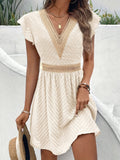 Women's V-Neck Lace-Trim Cap-Sleeve Textured Mini Dress - Apricot