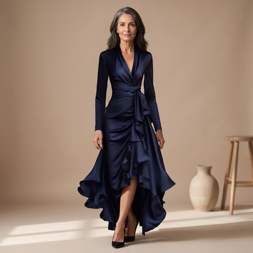 Women's V-Neck Long-Sleeve Ruffled High-Low Maxi Wrap Dress - Navy