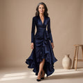 Women's V-Neck Long-Sleeve Ruffled High-Low Maxi Wrap Dress - Navy