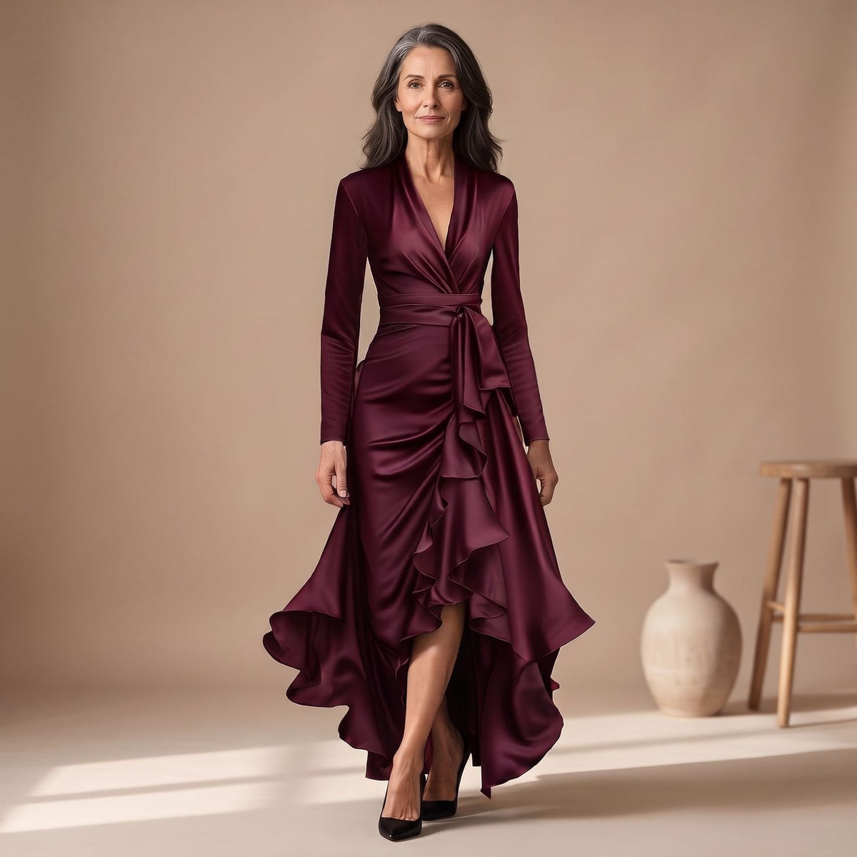 Women's V-Neck Long-Sleeve Ruffled High-Low Maxi Wrap Dress - Burgundy