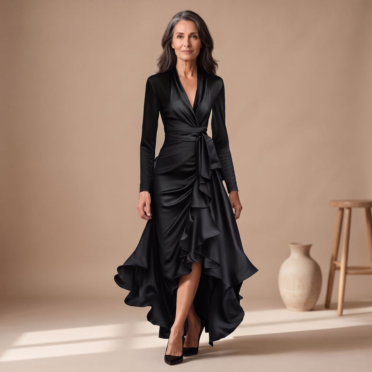 Women's V-Neck Long-Sleeve Ruffled High-Low Maxi Wrap Dress - Black
