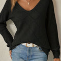 Women's V-Neck Openwork Diamond Knit Relaxed Sweater - Black