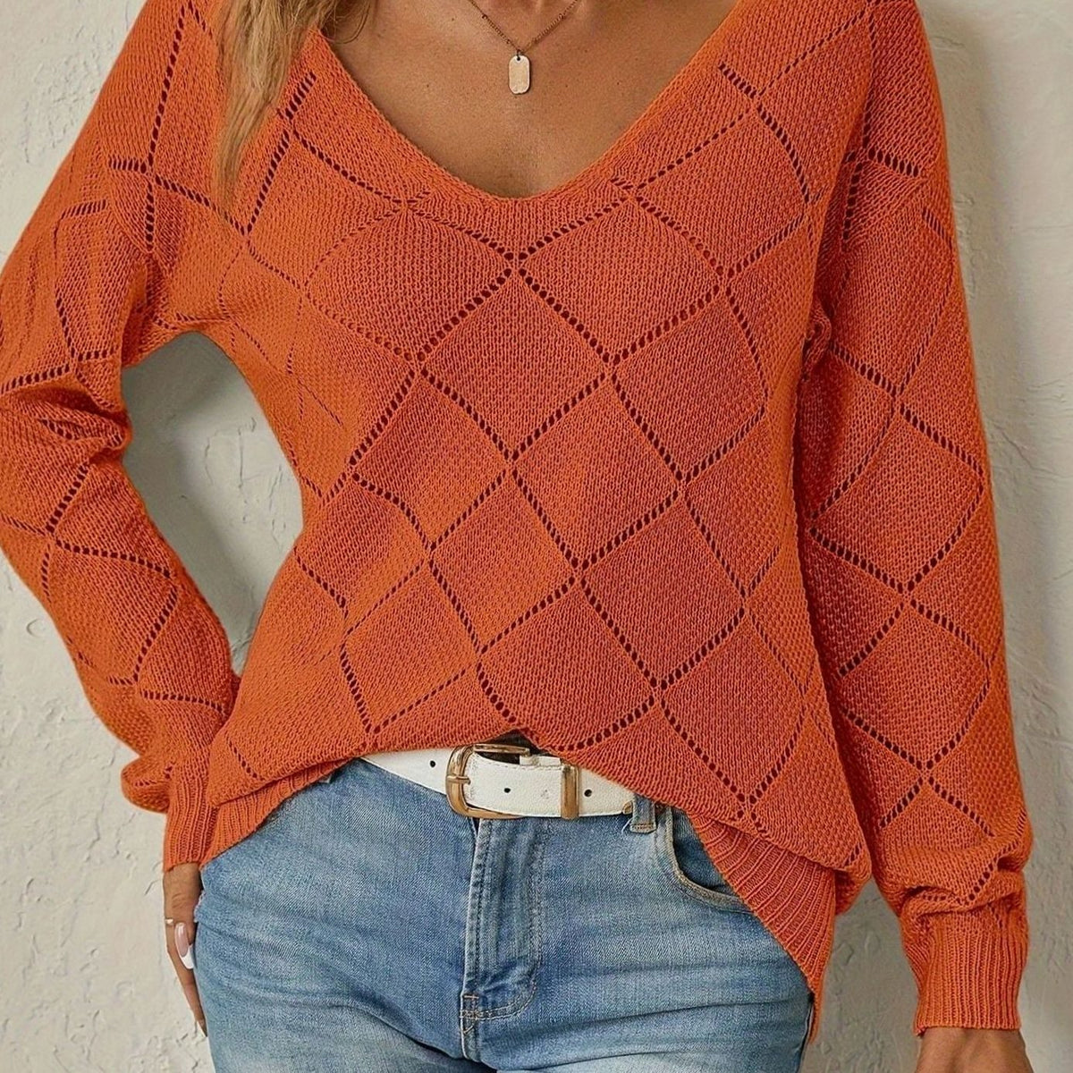 Women's V-Neck Openwork Diamond Knit Relaxed Sweater - Orange-Red