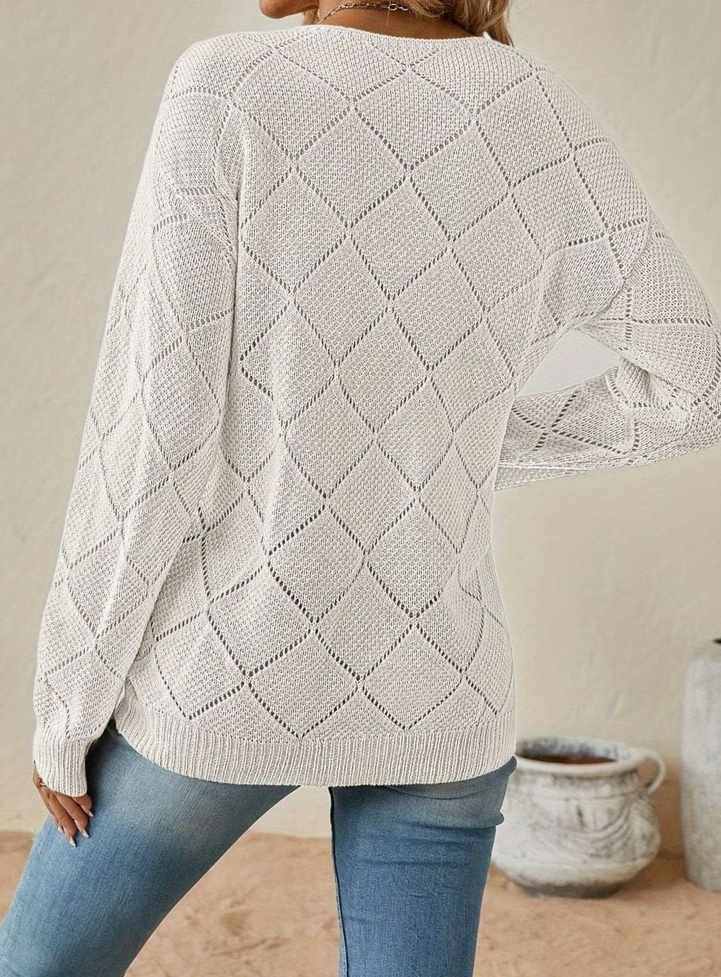 Women's V-Neck Openwork Diamond Knit Relaxed Sweater