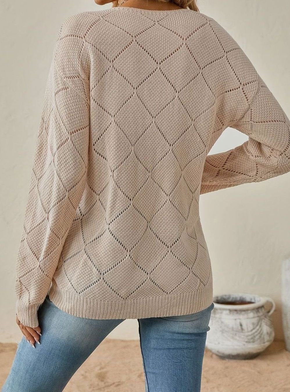 Women's V-Neck Openwork Diamond Knit Relaxed Sweater