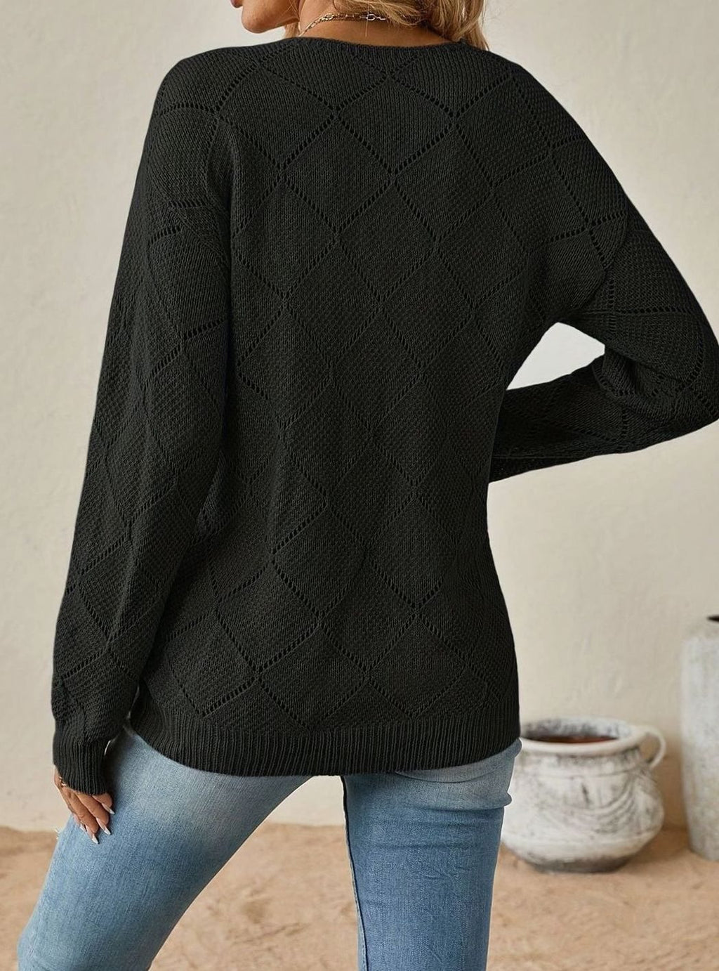 Women's V-Neck Openwork Diamond Knit Relaxed Sweater