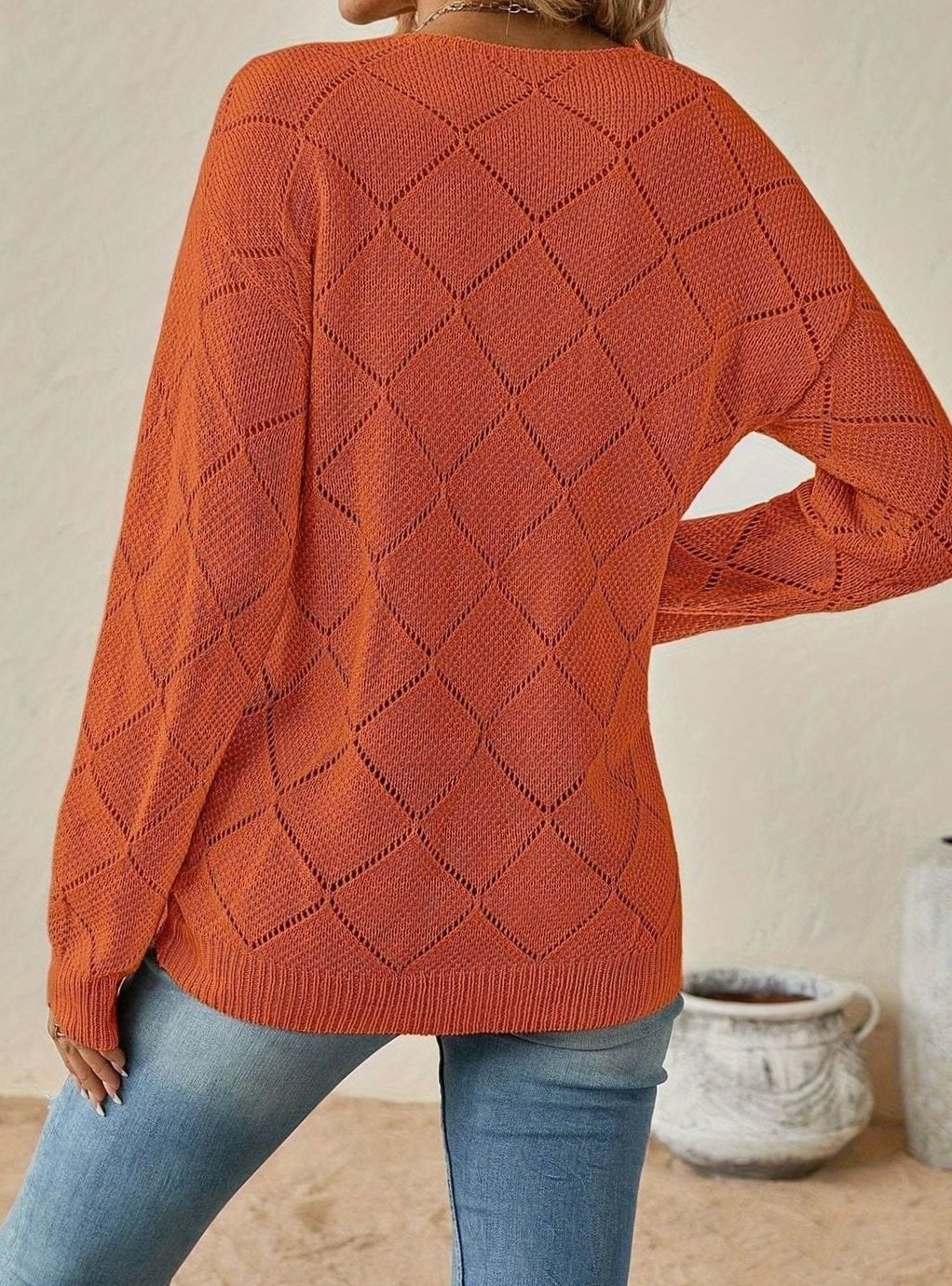 Women's V-Neck Openwork Diamond Knit Relaxed Sweater