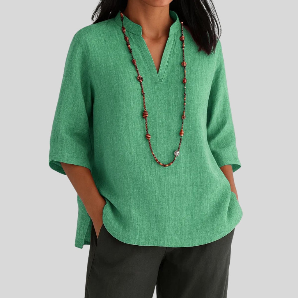 Women's V-Neck Relaxed-Fit 3/4 Sleeve Linen Tunic - Green