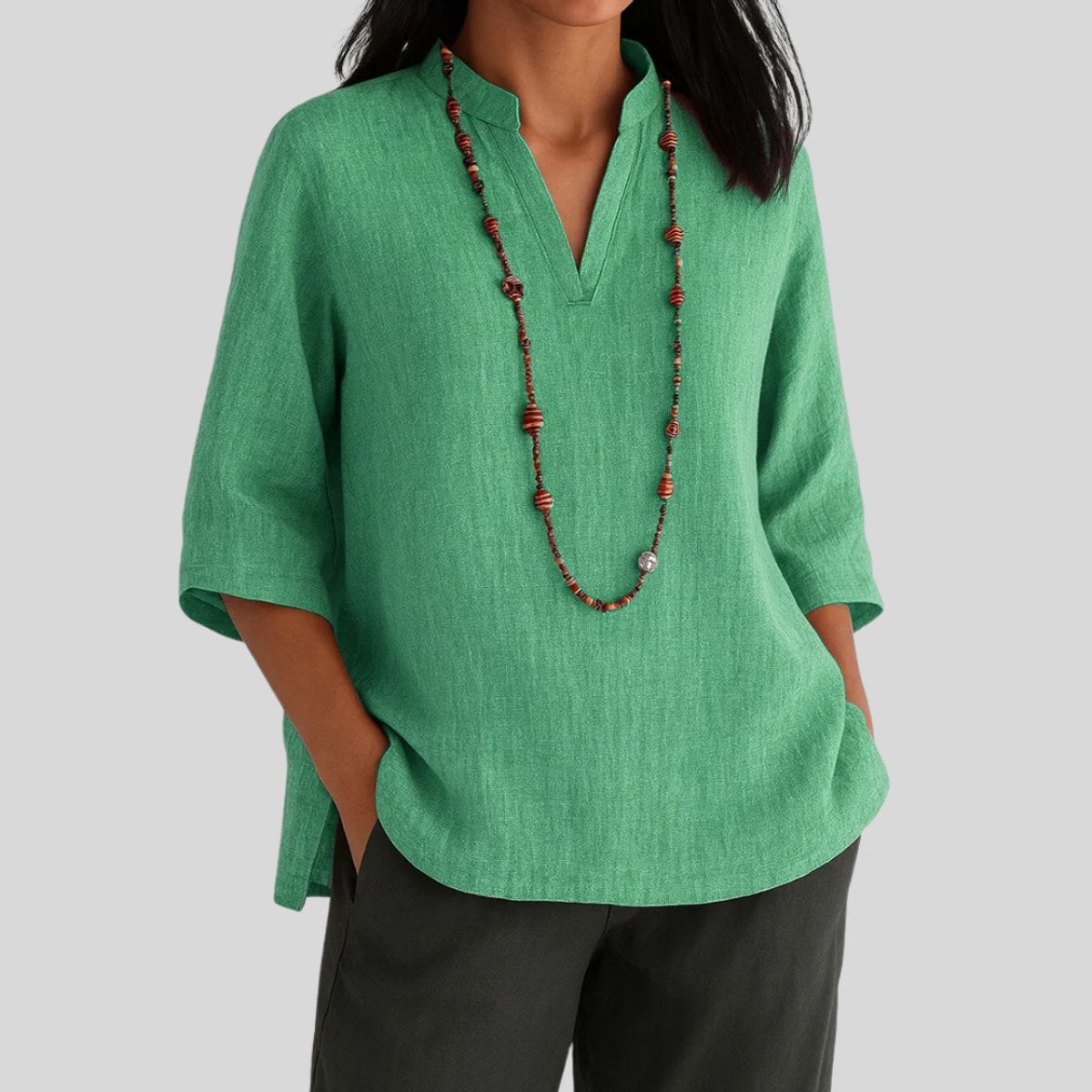 Women's V-Neck Relaxed-Fit 3/4 Sleeve Linen Tunic - Green