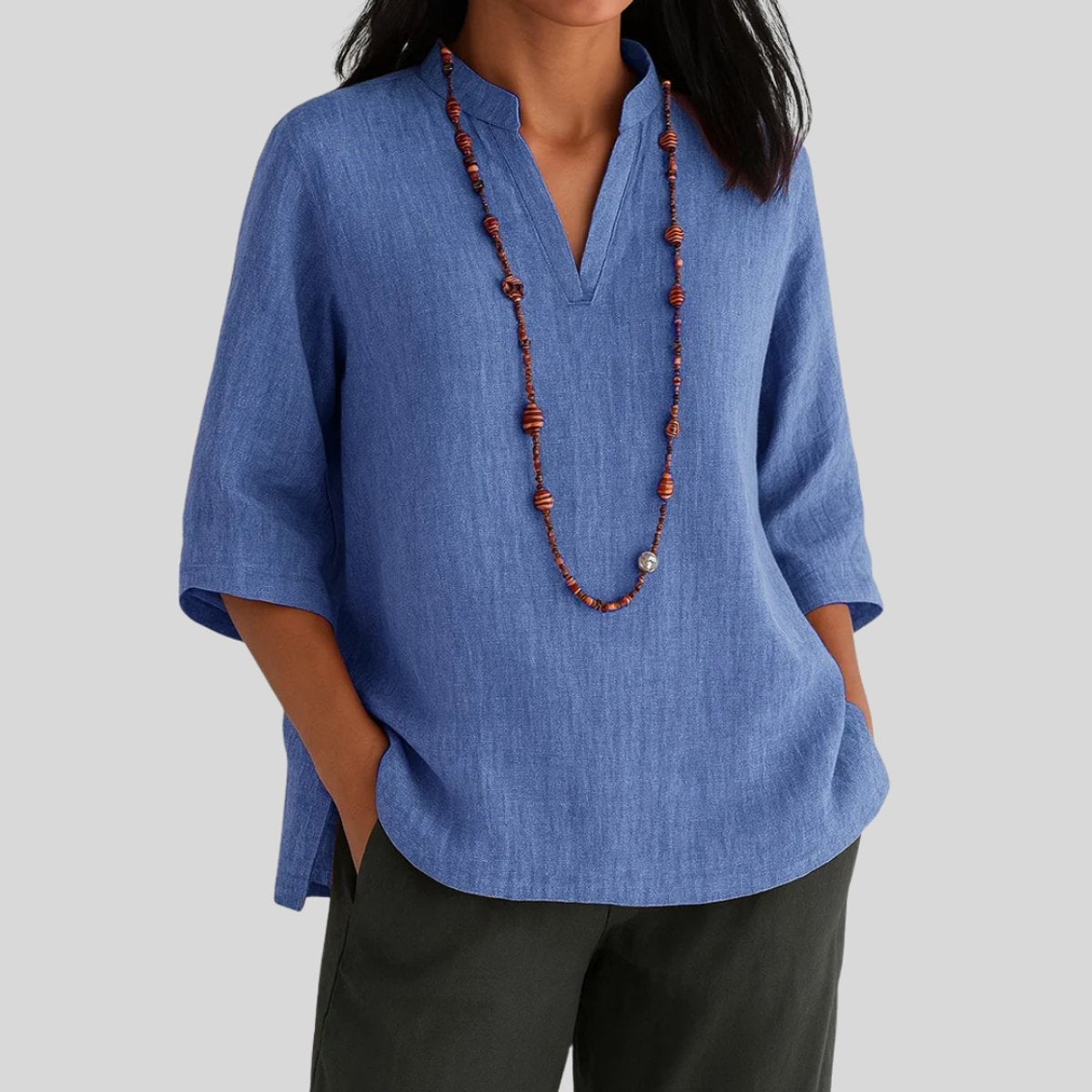 Women's V-Neck Relaxed-Fit 3/4 Sleeve Linen Tunic - Blue