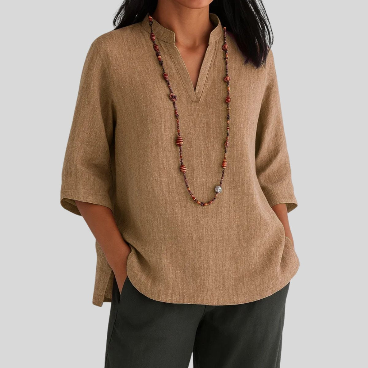 Women's V-Neck Relaxed-Fit 3/4 Sleeve Linen Tunic - Brown