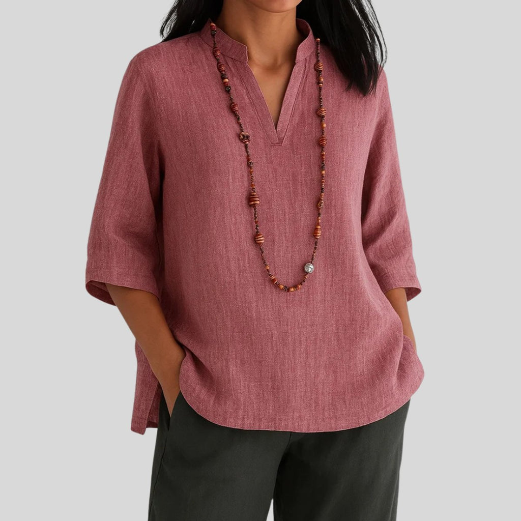 Women's V-Neck Relaxed-Fit 3/4 Sleeve Linen Tunic - Red