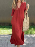 Women's V-Neck Relaxed-Fit Cotton Linen Maxi Dress - Red (Almost sold out)