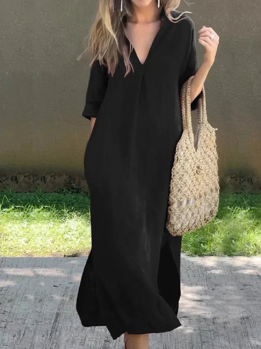 Women's V-Neck Relaxed-Fit Cotton Linen Maxi Dress - Black (Almost sold out)