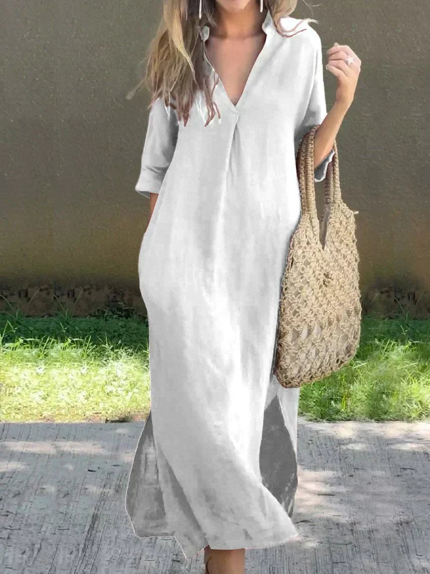 Women's V-Neck Relaxed-Fit Cotton Linen Maxi Dress - White