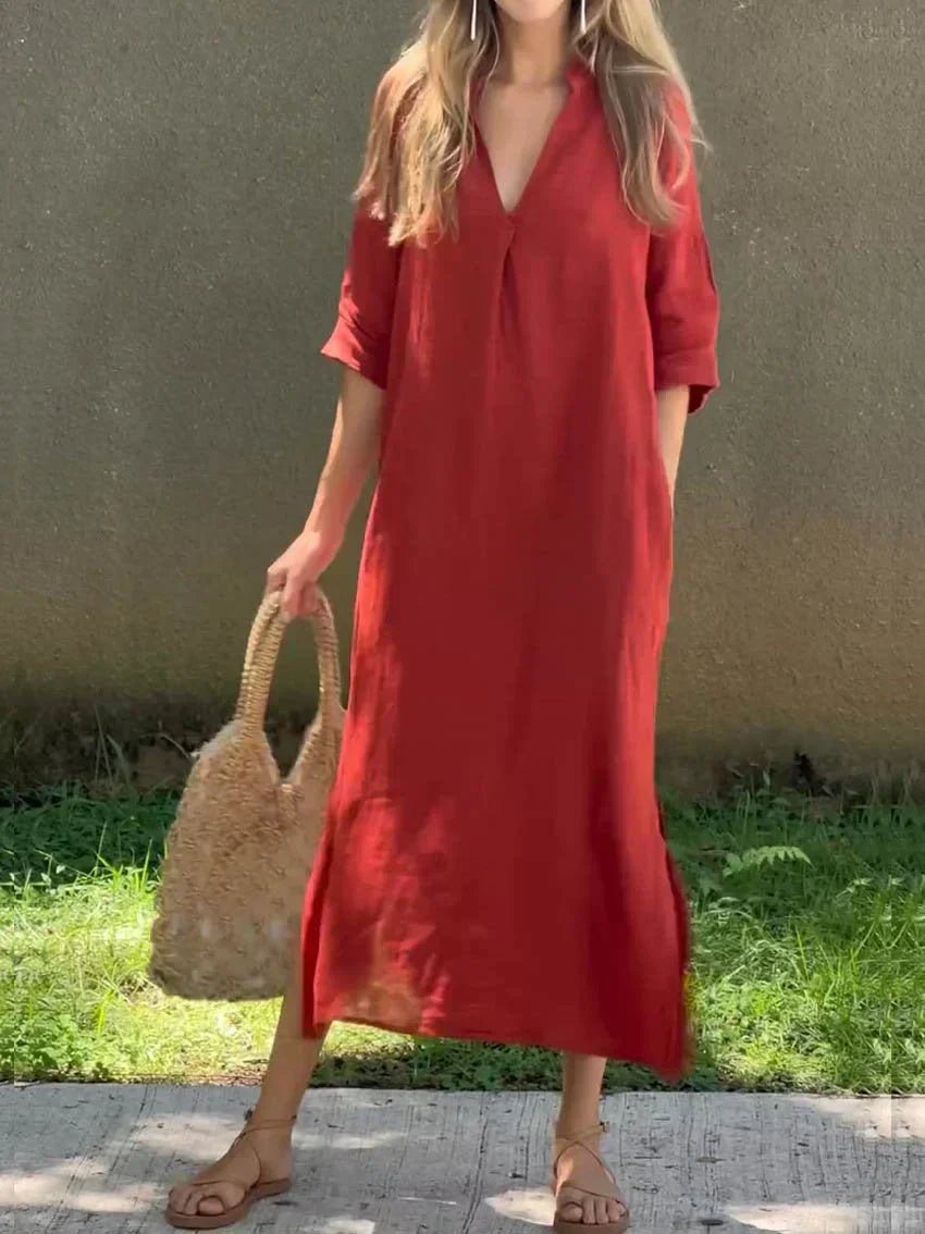 Women's V-Neck Relaxed-Fit Cotton Linen Maxi Dress