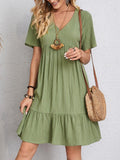 Women's V-Neck Short-Sleeve Tiered Babydoll Swing Dress - Green