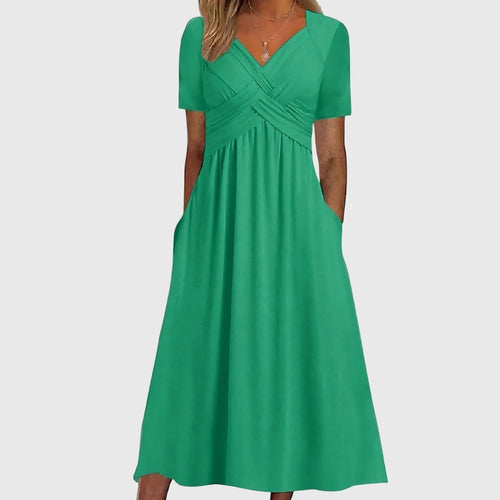 Women's V-Neck Short-Sleeve Tummy Control Midi Dress - Green