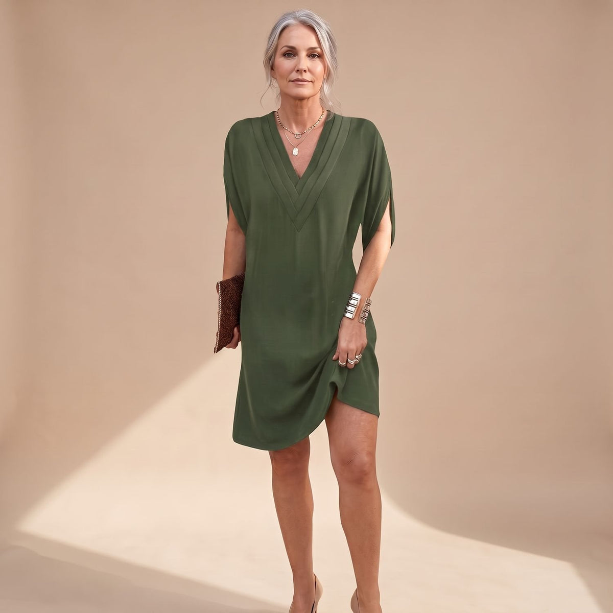 Women's V-Neck Split-Sleeve A-Line Midi Dress - Military Green