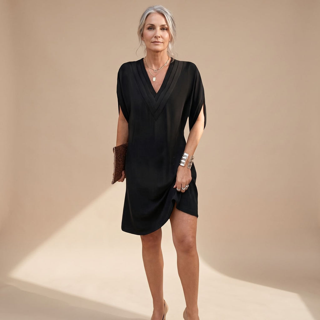 Women's V-Neck Split-Sleeve A-Line Midi Dress - Black