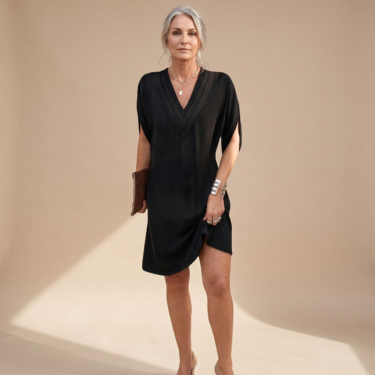 Women's V-Neck Split-Sleeve A-Line Midi Dress - Black