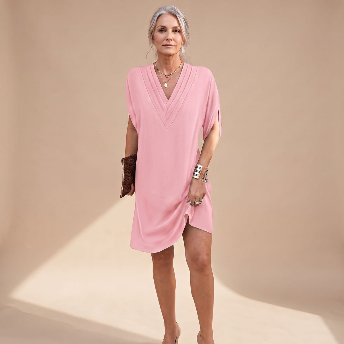 Women's V-Neck Split-Sleeve A-Line Midi Dress - Pink