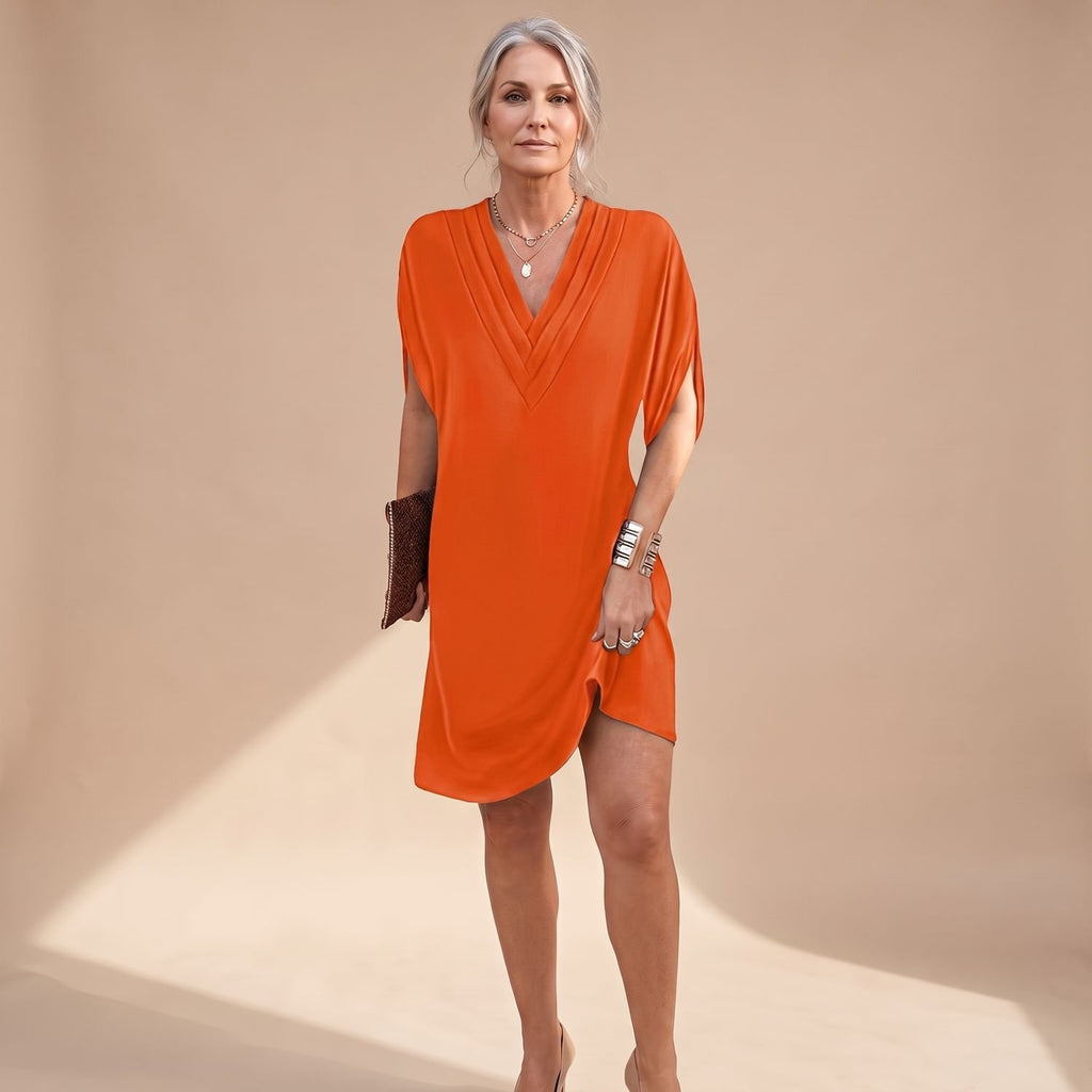 Women's V-Neck Split-Sleeve A-Line Midi Dress - Orange