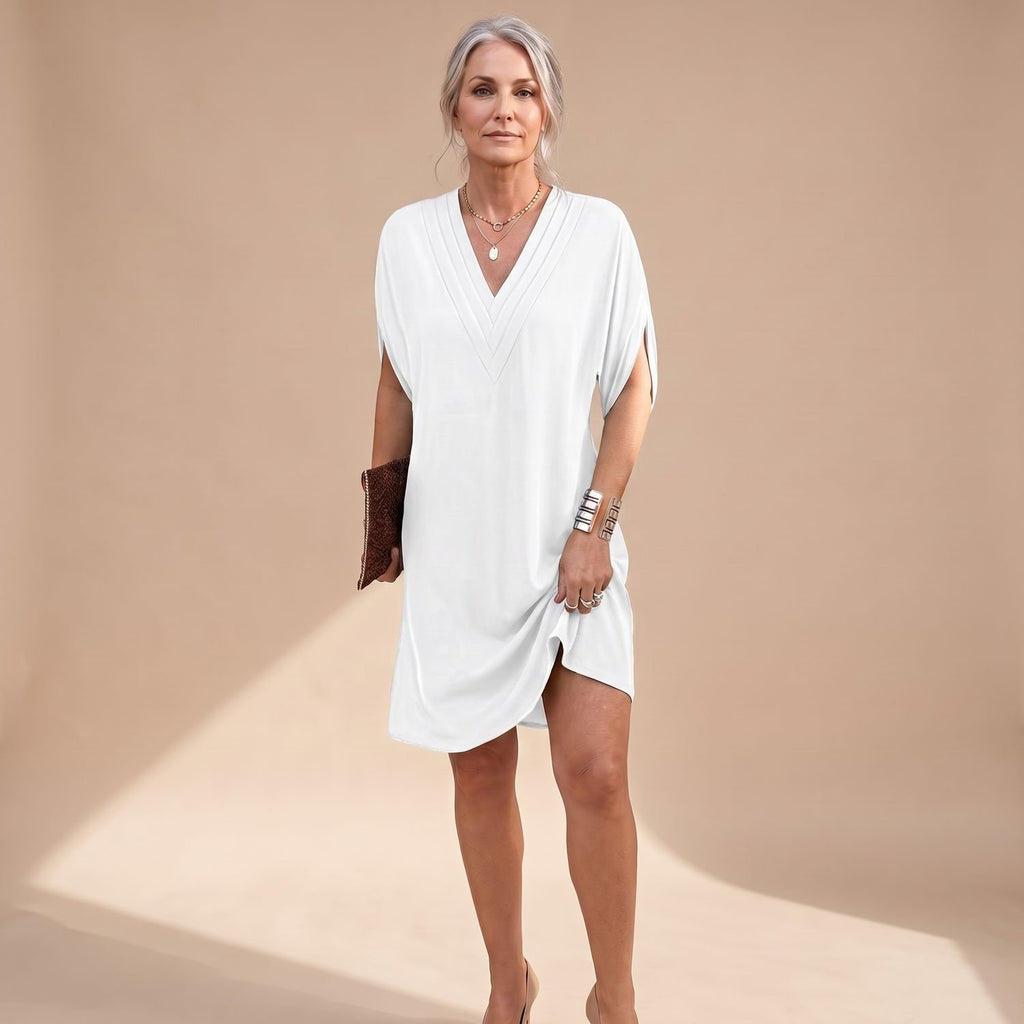 Women's V-Neck Split-Sleeve A-Line Midi Dress - White