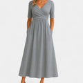 Women's V-Neck Wrap-Front A-Line Midi Dress Pockets - Gray