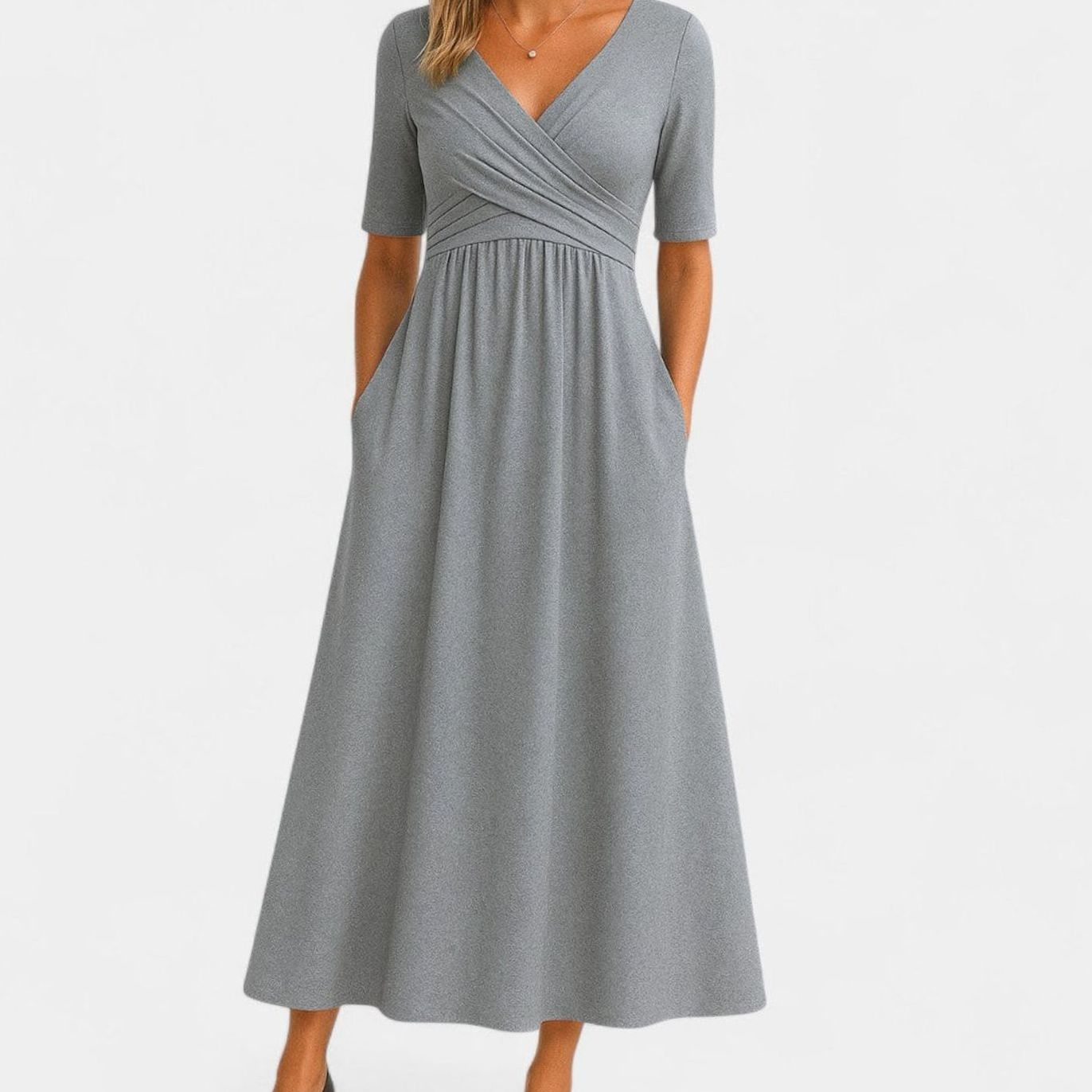 Women's V-Neck Wrap-Front A-Line Midi Dress Pockets - Gray