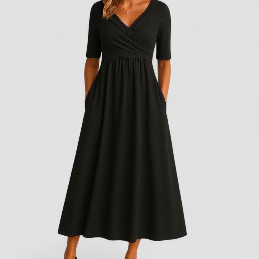Women's V-Neck Wrap-Front A-Line Midi Dress Pockets - Black