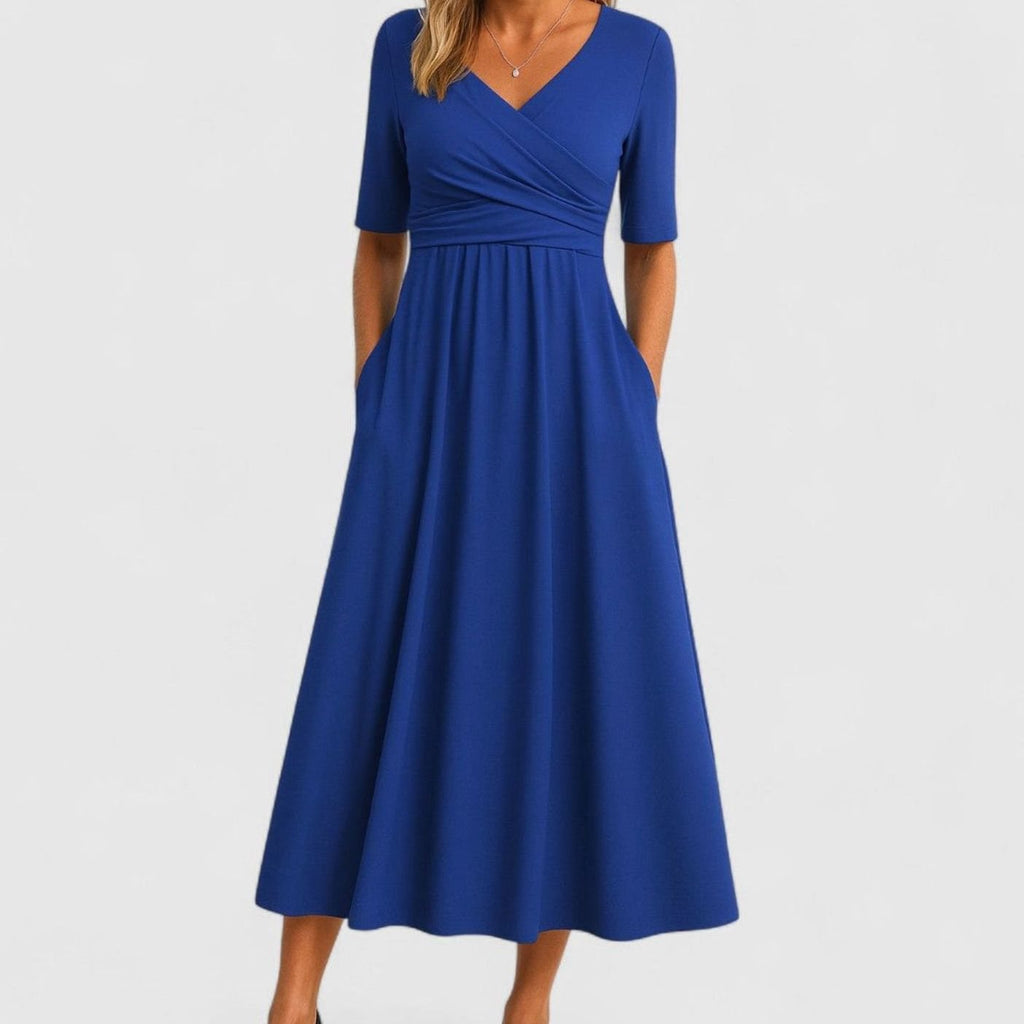 Women's V-Neck Wrap-Front A-Line Midi Dress Pockets - Blue