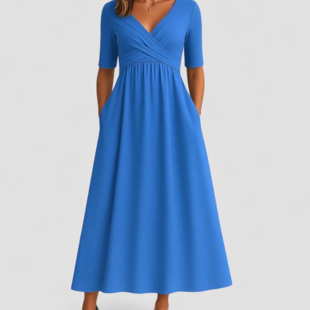 Women's V-Neck Wrap-Front A-Line Midi Dress Pockets - Azure