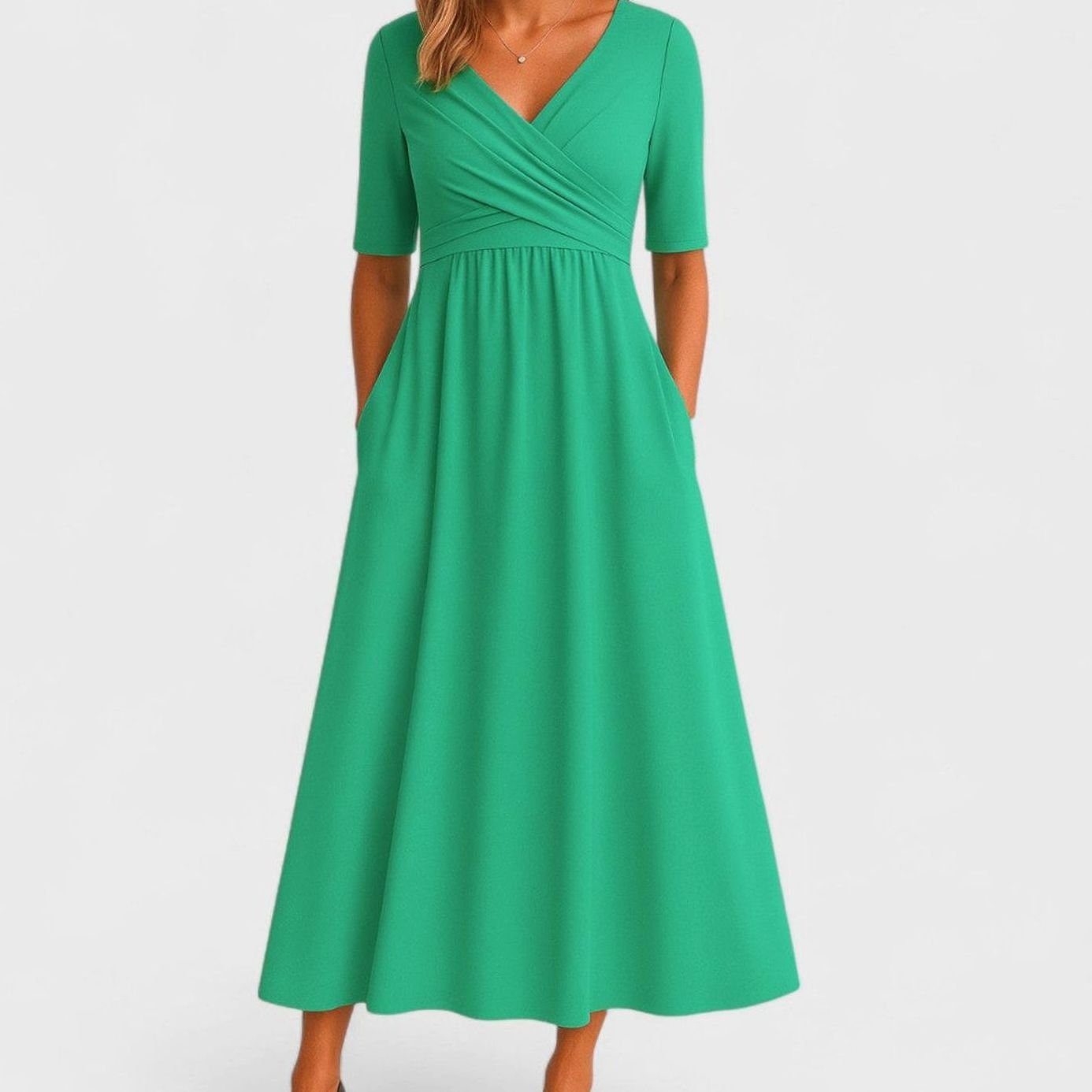 Women's V-Neck Wrap-Front A-Line Midi Dress Pockets - Green