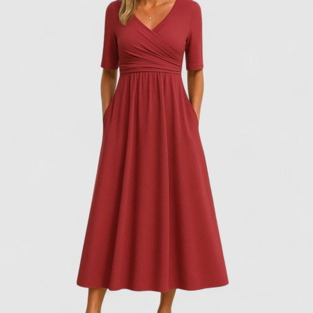 Women's V-Neck Wrap-Front A-Line Midi Dress Pockets - Red
