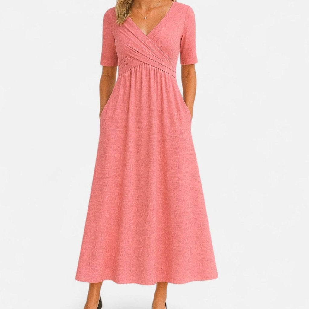 Women's V-Neck Wrap-Front A-Line Midi Dress Pockets - Pink