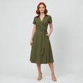 Women's V-Neck Wrap-Style A-Line Midi Dress Waist Tie - Olive Green