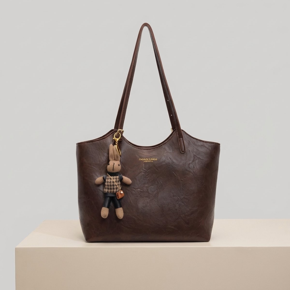 Women's Vegan Leather Charming Bunny Charm Shoulder Tote Bag